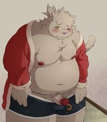 2020 anthro belly blush christmas clothing fat fat_man felid feline food food_fetish food_insertion food_play furry_only hi_res holidays improvised_sex_toy kemono male male_only mammal moobs navel nipples overweight overweight_anthro overweight_male penis pomupomu490 solo underwear urethral urethral_insertion