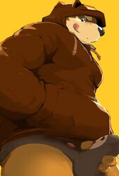 2020 anthro black_nose brown_body brown_fur bulge canid canine canis clothed clothing domestic_dog erection erection_under_clothing fur furry_only hi_res hoodie humanoid_hands kemono kisukemk777 male mammal overweight overweight_anthro overweight_male simple_background solo tongue tongue_out topwear underwear yellow_background