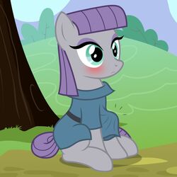 1:1 badumsquish blue_eyes blush clothed clothing equid equine erection erection_under_clothing eyeshadow feral friendship_is_magic frock gynomorph hair hasbro hi_res horse intersex makeup mammal maud_pie_(mlp) my_little_pony outside pony purple_eyeshadow purple_hair purple_mane sitting solo tail