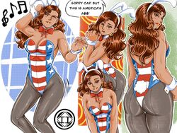 1girls america_chavez american_flag brown_eyes brown_hair brunette bunny_ears bunny_tail bunnysuit cleavage comic dark-skinned_female dark_skin dialogue earrings english english_text fake_animal_ears fake_tail female female_focus female_only fully_clothed hoop_earrings latina long_hair marvel marvel_comics miss_america miss_america_chavez pinup pinup_pose solo speech_bubble superheroine tagme