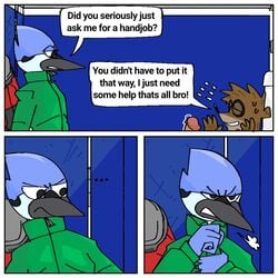 1:1 annoyed anthro avian bathroom bird blue_jay bodily_fluids border cartoon_network comic corvid duo english_text erection gay genital_fluids genitals jay_(bird) male male/male mammal mordecai_(regular_show) new_world_jay oscine passerine pb-art penis precum procyonid public_restroom raccoon regular_show restroom_stall rigby_(regular_show) text toilet white_border