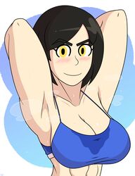 armpit_fetish armpit_musk armpits arms_behind_head black_hair female female_only mii mii_brawler mob_face muscles musk nintendo original_character super_smash_bros. sweat sweat_stain sweaty sweaty_breasts xenondotexe_(artist) yellow_eyes