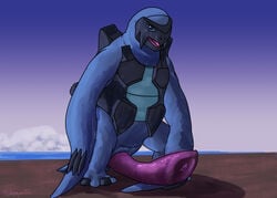 2020 animal_genitalia animal_penis big_penis biped blue_body carracosta cloaca cloacal_penis digital_media_(artwork) elemental_creature erection feral fossil_pokémon genitals hi_res looking_at_genitalia looking_at_penis male marine nintendo open_mouth penis pokémon_(species) pokemon reptile scalie shell solo t-ace_juice turtle_penis video_games water water_creature