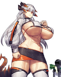 1girls abs alternate_breast_size arknights big_breasts bikini_top breasts curvy demon_girl demon_tail doctor_(arknights) female female_focus horns huge_breasts looking_at_viewer looking_down melon22 miniskirt muscular muscular_female muscular_thighs orange_eyes saria_(arknights) silver_hair tail thick_thighs thighhighs thighs underboob wide_hips