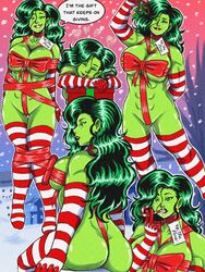 1girls abs ass big_ass big_breasts breasts bubble_butt busty butt candy_cane christmas christmas_outfit cleavage color drawn elbow_gloves female female_only giant_breasts green_eyes green_hair green_skin hourglass_figure huge_breasts hulk_(series) image_inks lipstick long_gloves long_hair marvel marvel_comics mistletoe overflowing_breasts pinup pinup_pose pose posing ribbon ribboned_body she-hulk solo speech_bubble striped_gloves striped_legwear thighhighs tied_up