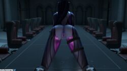 3d anus ass brown_hair doggy_style from_behind kanjihentai latex latex_bodysuit latex_suit legs_apart legs_spread nude overwatch ponytail pussy tagme wet widowmaker