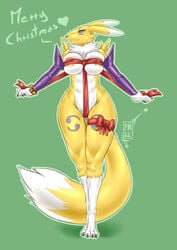 absurd_res anthro bell bondage bound breasts christmas digimon digimon_(species) female furry_only heart hi_res holidays living_gift munsu89 nude renamon ribbon_bondage ribbons solo