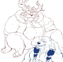 2020 anthro balls belly bovid caprine duo fuddyblog genitals hi_res kemono league_of_legends male male/male mammal ornn overweight overweight_male penis polar_bear riot_games scar simple_background sitting sketch ursid ursine video_games volibear white_background