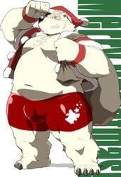 2020 anthro belly black_nose bulge christmas christmas_clothing christmas_headwear clothing fur furry_only genital_outline hat headgear headwear hi_res holidays humanoid_hands kemono kisukemk777 male male_only mammal navel overweight overweight_anthro overweight_male penis_outline polar_bear santa_claus santa_hat solo underwear ursid ursine white_body white_fur