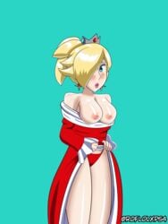 1girls alternate_costume alternate_hairstyle bare_legs bare_shoulders big_breasts blonde_hair blue_eyes blush dress dress_lift lifted_by_self light_blue_eyes looking_at_viewer mario_(series) nintendo one_eye_covered open_mouth panties princess_rosalina red_panties roflolxp54 simple_background skirt_lift solo solo_female super_mario_3d_world uncensored