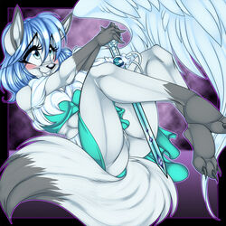 anthro ass black_nose blue_eyes blue_hair blush canine claws clothed clothing crystal-for-ever feathers female fluffy_tail fox fur furry_only grey hair hindpaw long_hair mammal nails nonaya panties paws pose pussy sitting skimpy skirt smile solo sword tail thighs underwear weapon white white_fur wing_(character) wings