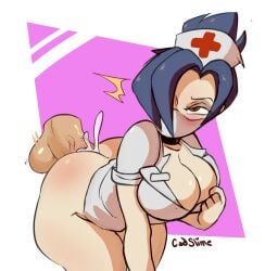 big_ass big_breasts blue_hair blush cadslime cum cum_in_pussy curvy ejaculation eyeshadow facemask female from_behind mask nurse nurse_cap nurse_uniform pleasure_face purple_background red_eyes skullgirls vaginal_penetration valentine_(skullgirls)