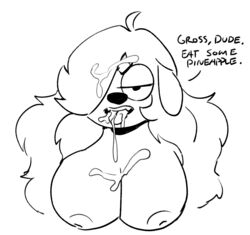 2020 ahoge anaugi anthro areola black_and_white bodily_fluids breasts canid canine canis cum cum_in_hair cum_in_mouth cum_inside cum_on_breasts cum_on_face cum_on_tongue domestic_dog ello_(anaugi) english_text fangs female genital_fluids hair hair_over_eye half-closed_eyes hi_res inverted_nipples long_hair looking_at_viewer mammal monochrome narrowed_eyes nipples one_eye_obstructed open_mouth simple_background sketch solo text tongue tongue_out white_background