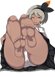 1girls ass bea_(pokemon) big_ass blush feet female grey_eyes grey_hair gym_leader nintendo one_eye_closed oryuto panties pokemon pokemon_ss school_uniform short_hair skirt solo sweat thick_thighs thighs upskirt white_background white_panties