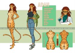 adah_(n3xis) anthro ass belt blue_eyes bottomwear brown_hair brown_stripes clothing coat crop_top denim denim_clothing description domestic_cat dreadlocks english_text eyewear felid feline felis female footwear fur furry_only genitals glasses hair jeans lab_coat mammal model_sheet n3xis nipples notes orange_body orange_fur pants pencil_(object) pubes shirt shoes skinny socks solo stripes text topwear