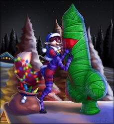 absurd_res anthro canid canine christmas christmas_clothing christmas_headwear clothed clothing costume countershading digital_media_(artwork) dildo fox fur furry_only gift girly hair hat headgear headwear hi_res holidays huge_dildo male mammal outside santa_costume santa_hat sex_toy sidnithefox snow solo xemkiy_(character)