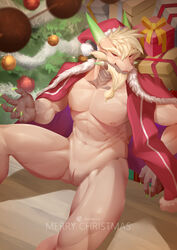 andromorph anthro christmas christmas_clothing christmas_headwear christmas_tree clothing coat cuntboy dragon genitals gift hat headgear headwear hi_res holidays inkudoragoon intersex muscular nipples on_ground ornament plant pussy red_coat reptile santa_hat scalie solo topwear tree