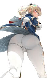 1girls asahina_hikage ass_focus big_butt blonde_hair blue_eyes boots breasts bubble_ass bubble_butt cameltoe female female_only from_behind from_below genshin_impact heel_boots huge_ass jean_gunnhildr large_breasts light-skinned_female light_skin pantylines ponytail puffy_pussy see-through see-through_clothing thick_thighs thighs tight_pants tights