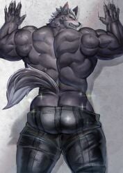 2023 absurd_res against_surface against_wall anthro ass back_muscles barazoku biceps big_butt big_muscles blush bottomwear bottomwear_down bubble_butt canid canine canis claws clenched_teeth clothed clothing deltoids eyebrows fur hair hi_res huge_butt huge_muscles huge_thighs kemono looking_at_viewer looking_back looking_back_at_viewer male male_only mammal manly muscular muscular_anthro muscular_male nintendo no_underwear pants pants_down partially_clothed rear_view shadow solo solo_male sparkles standing star_fox teeth thick_thighs topless topless_anthro topless_male tuft vein veiny_muscles wall_(structure) wolf wolf_o'donnell yukihoshiak