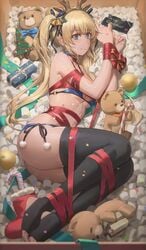 blonde_hair blue_eyes bondage christmas christmas_present dead_or_alive dead_or_alive_5 gift_wrapped marie_rose solo thighhighs yohan1754