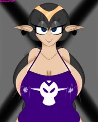 1girls apron black_hair black_lipstick black_makeup breasts earrings female female_only goth gothic huge_breasts hyper hyper_breasts lewdxt looking_at_viewer milk_squirt pointy_ears shantae shantae_(character) smirk smooth_skin smug solo staring thick_thighs