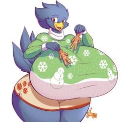 1:1 2015 anthro avian beak big_breasts bird breasts busty_bird christmas christmas_sweater clothed clothing corvid corvus_(genus) crow english_text feathers female female_focus female_only gingerbread_man hi_res holidays huge_breasts hyper hyper_breasts jaeh non-mammal_breasts original original_character red_eyes signature simple_background smile solo sweater text thick_thighs topwear wide_hips