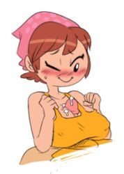 artist_request blush breasts cooking_mama cum cum_between_breasts cum_on_breasts female human mama_(cooking_mama) milf mob_face paizuri paizuri_under_clothes smile unseen_male_face