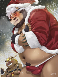 2020 3:4 anthro beard belly blush bulge christmas christmas_clothing christmas_headwear closed_eyes clothing duo eyewear facial_hair genital_outline glasses hat headgear headwear hi_res holidays humanoid_hands kemono male mammal navel nikiciy outside overweight overweight_male penis_outline plant santa_claus santa_hat snow tree underwear ursid