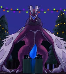 2020 avian biped blue_internals blue_penis christmas christmas_lights christmas_tree claws cloacal_penis digital_media_(artwork) erection feral forest front_view fur garland genitals gift glowing glowing_genitalia glowing_penis hi_res holidays horn legendary_pokemon looking_at_viewer male nintendo open_mouth penis plant pokémon_(species) pokemon pokemon_(species) red_body shiny_pokemon solo t-ace_juice toe_claws tree video_games white_body wings yveltal