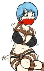 angry arms_behind_back bondage bound_legs bound_wrists bra bulma_briefs color_edit dragon_ball dragon_ball_z gag large_breasts panties short_hair sitting tied_up zalder-sm