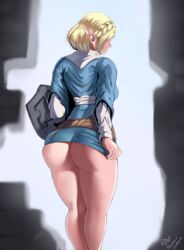 1girls absurd_res ass bigpeachs blonde_hair breasts clothes_grab clothing dat_ass demigoddess embarrassed female female_only female_solo hi_res huge_ass hylian hylian_shield looking_back medium_breasts medium_hair nintendo pointed_ears princess princess_zelda puririn_(puririiin) royalty sideboob solo tears_of_the_kingdom the_legend_of_zelda zelda_(tears_of_the_kingdom)