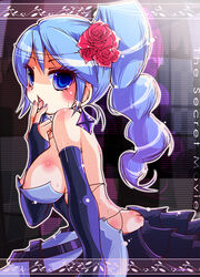 1girls artist_request backless_dress blue_eyes blue_hair butt_crack copyright_name cowboy_shot detached_sleeves dress english_text hair_flower high_ponytail long_hair nipple_peek no_bra overboob pop'n_music purple_hair rosemary_(pop'n_music) sideboob solo tagme white_outline