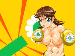 1girls angry blue_eyes boxing boxing_gloves boxing_ring boxing_stance breasts brown_hair clothing female female_only flipped_hair flower_boxing_gloves gloves human human_only light-skinned_female light_skin lips looking_at_viewer mario_(series) mostly_nude mouthguard nintendo nipples open_mouth panties parted_bangs pointy_chin princess_daisy pugilismx shiny_hair shiny_skin shoulder_length_hair simple_background solo thick thick_hips topless topless_boxing wide_hips yellow_boxing_gloves yellow_gloves yellow_panties