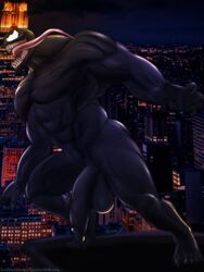 2020 3:4 5_fingers abs absurd_res balls biceps big_balls big_penis black_body black_penis circumcised city digital_media_(artwork) fenrir_osbone fingers flaccid foreskin genitals hi_res humanoid humanoid_genitalia humanoid_hands male male_only marvel muscular muscular_humanoid muscular_male night nude open_mouth outside pecs penis skyline smooth_skin solo symbiote teeth tongue tongue_out uncut venom venom_(marvel)