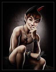 bangle disney hat kawena male male_only necklace peter_pan_(disney) sitting solo spiked_bracelet topless