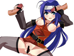 1girls 2boys belt black_thighhighs breasts breasts_out censored fingerless_gloves fire_emblem fire_emblem:_path_of_radiance fire_emblem:_radiant_dawn green_eyes handjob headband long_hair medium_breasts mia_(fire_emblem) multiple_boys multiple_penises open_mouth penis pointy_chin purple_hair sakuraseko solo_focus spread_legs thighhighs white_headband