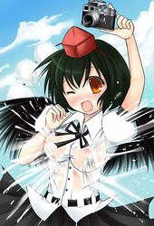 shameimaru_aya blush breasts camera hat nipples no_bra see-through shameimaru_aya shirt takamoto_akisa touhou water wet wet_clothes wet_shirt wings