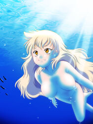 breasts bubble censored convenient_censoring female female_only fish freediving hakkai happy hatsune_inugami highres inugami_hatsune long_hair nude ocean skinny_dipping smile snaggle_tooth solo swimming underwater very_long_hair water white_hair yellow_eyes zettai_karen_children