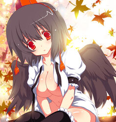 1girls black_wings breasts cleavage female hat kurokawa_izumi large_breasts open_clothes open_shirt red_eyes shameimaru_aya shirt solo thighhighs touhou wings