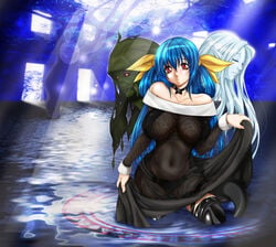 blue_hair breasts choker collar dizzy_(guilty_gear) guilty_gear highres kutani kyuuteji_(pixiv) large_breasts long_hair magic_circle necro_(guilty_gear) red_eyes ribbon see-through tail thighhighs tied_hair twintails undine_(guilty_gear) wading water wet wings