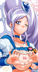 1girls aono_miki breasts choker clothing cure_berry earrings female fresh_precure! fresh_pretty_cure fresh_pretty_cure! gambler_club heart heart-shaped_boob_challenge heart_hands jewelry kousaka_jun large_breasts magical_girl miki_aono nipples open_clothes open_shirt precure pretty_cure purple_eyes purple_hair shirt smile solo wink