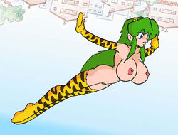 1girls 2005 breasts evhor female green_hair horns humanoid large_breasts light-skinned_female light_skin long_hair looking_at_viewer lum nipples oni princess solo tagme tiger_print urusei_yatsura