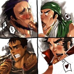 4boys 9boys ahe_gao artist_request bandana bara beard berserk black_hair bleach blowjob blush brown_hair closed_eyes clothing crossover cum double_handjob erection fellatio fire_emblem fire_emblem:_path_of_radiance ganju_shiba gay guts_(berserk) handjob hayato_nekketsu heart human japanese_text largo_(fire_emblem) male male_only multiple_boys multiple_males muscular muscular_male oral penis pubic_hair rival_schools short_hair tagme tears text translation_request video_games yaoi