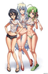 3girls ahoge black_hair bleach blouse bottomless boyshorts breasts buruma cameltoe crop_top crossover curvy erect_nipples feet female female_only footwear green_hair green_panties high_heels highres innie_pussy kuchiki_rukia legs long_hair lowleg midriff multicolored_hair multiple_girls nia_teppelin nipples no_panties no_pants panties pubic_hair purple_eyes pussy sandals see-through sefuart shigure_asa shirt shoes short_hair shuffle shuffle! smile socks standing striped striped_panties symbol-shaped_pupils tengen_toppa_gurren-lagann tengen_toppa_gurren_lagann thigh_gap uncensored underboob underwear v very_long_hair wet wet_clothes wet_shirt