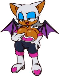 2d bat big_breasts big_ears blue_eyeshadow clothed cocky_smile dark_skin huge_breasts large_breasts mobian mobian_(species) mobian_bat rouge_the_bat seductive_eyes sega sonic_(series) sonic_adventure_2 sonic_the_hedgehog_(series) thick_lines thick_thighs vilepluff white_fur