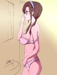 1girls bathroom blue_eyes bra breasts breath brown_hair erect_nipples eyewear female glasses hair hairband higata_akatsuki human large_breasts light-skinned_female light_skin lingerie long_hair mari_illustrious_makinami neon_genesis_evangelion panties rebuild_of_evangelion sigh sketch solo strap_slip tied_hair twintails underwear