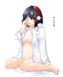 areola_slip barefoot black_hair blush bottomless breasts dress_shirt feet hat kinsenka naked_shirt no_panties open_clothes open_shirt red_eyes shameimaru_aya shirt short_hair sitting tokin_hat touhou wariza wink