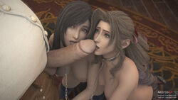 1boy 2girls 3d 3d_(artwork) aerith_gainsborough amiris4 big_breasts big_penis black_hair blowjob breasts brown_hair chains choker collaborative_fellatio don_corneo double_blowjob fat_man fellatio femsub final_fantasy final_fantasy_vii final_fantasy_vii_remake maledom multiple_girls multiple_subs penis slave stockings teamwork tifa_lockhart