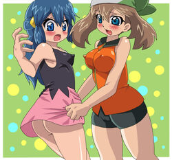 bandana bike_shorts blue_eyes blue_hair blush bottomless brown_hair cameltoe dawn_(pokemon) erect_nipples female grab green_bandana hair_ornament hamu_(sanosano) human human_only may_(pokemon) may_(pokemon_emerald) microskirt no_panties pokemon skin_tight skirt spandex