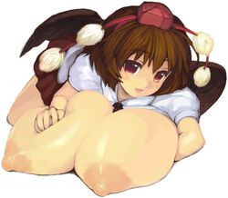 areolae blush breasts brown_hair hat huge_breasts kasutaso large_areolae lying nipples red_eyes shameimaru_aya short_hair touhou wings